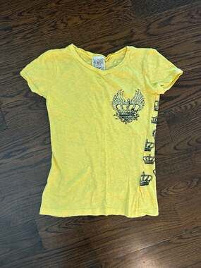 Vocal Women's Yellow Graphic Tee with Crown Rhinestone Detail